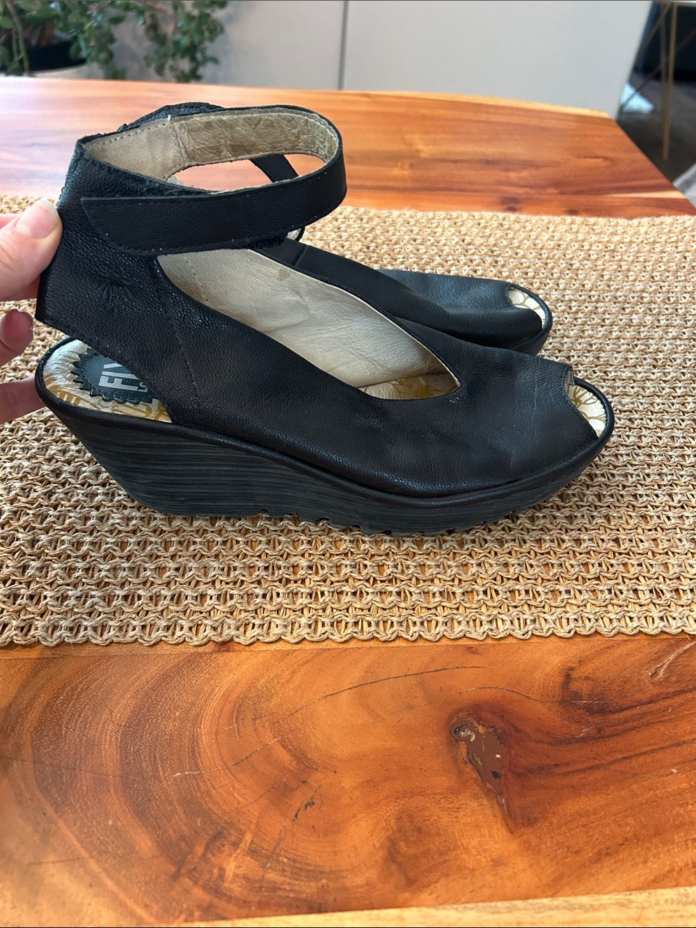 Fly London Black Like New Yala Leather Wedge with Velcro strap Eu 40 or 9/9.5